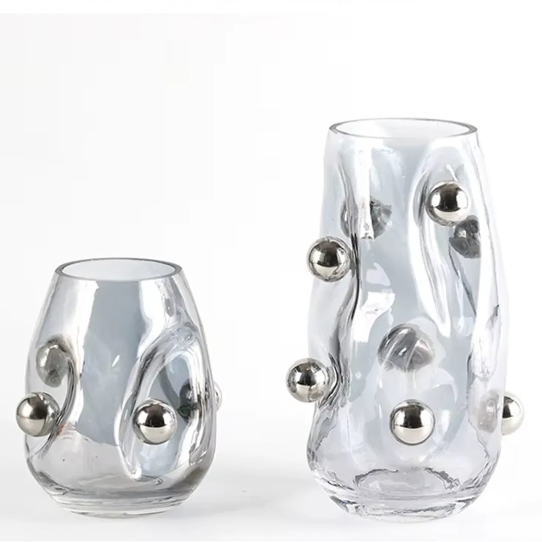 Vaso em vidro fumê com bolas prata - 02 Tamanhos